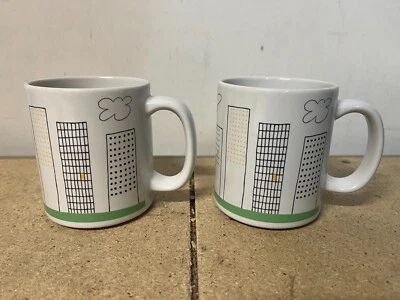 Set Of 2 IKEA City Buildings 10866 Coffee Mug Cup White Yellow Green Skyline - Image 1 of 4