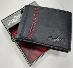 RAWLINGS WALLET Baseball Stitch GENUINE Leather Trifold BLK RS10000 RFID NEW!!!!