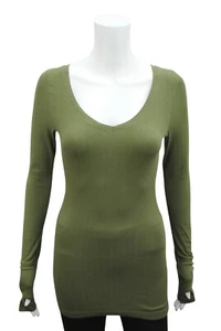 P.C Womens V Neck T-Shirt Top Long Sleeve Thumb Hole Olive Size 6 - 24 Brand New - Picture 1 of 6