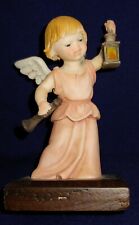 Vintage Angel Holding Lantern & Flute Figurine On Wood Base
