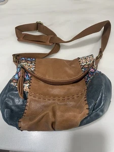 Bolso Hobo Bandolera The Sak Adornado en Cuero Boho Patchwork Azul Marrón Y2K - Imagen 1 de 10