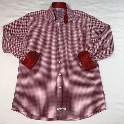 英国洗衣衬衫男式 16 34/35 红色格子格子长袖纽扣翻盖袖口 — 第 1/4 张图片