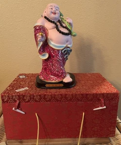 Statua Buddha cinese che ride con veste e perline dipinte a mano con scatola. 10,5" - Foto 1 di 14