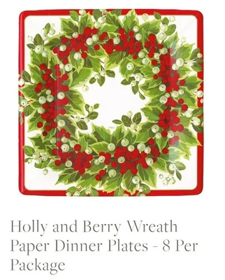 Caspari Square Paper Dinner Plates, Holly Berry Wreath - 1 Pack Of 8 Plates - Image 1 of 4