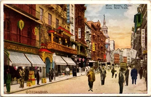 Cartolina d'epoca anni '20 New York City View Down Mott Street a Chinatown - Foto 1 di 2
