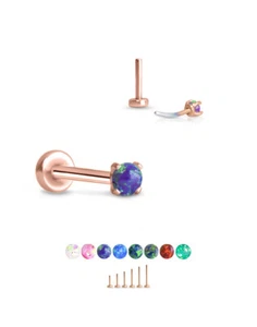Threadless Labret Push Pin Nose Ring Rose Gold Steel Monroe 1.5mm Prong Opal - Picture 1 of 10