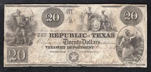 1839 20 $ THE REPUBLIC OF TEXAS AUSTIN, TX OBSOLETE CURRENCY NOTE VERY FINE (B) - Bild 1 von 2