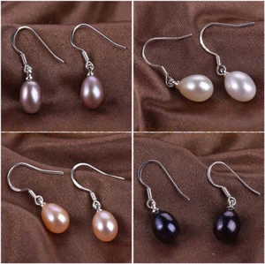 7-8mm Black White Pink Purple Freshwater Pearl Drop Dangle Silver Hook Earrings - Picture 1 of 9