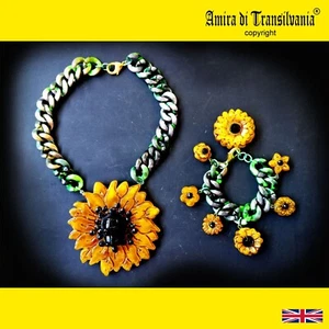 Sunflower Jewelry Art Deco Nouveau Necklace Luxury Pendant Brutalist Sun Flower - Picture 1 of 24
