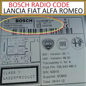 LANCIA FIAT ALFA ROMEO BOSCH RADIO CODE UNLOCK SECURITY PIN - Picture 1 of 1