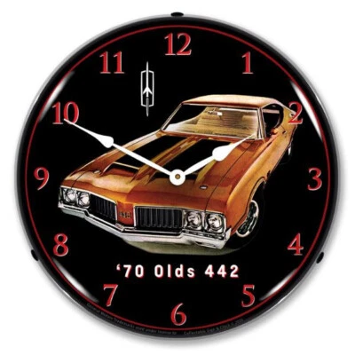 14" 1970 Oldsmobile 442 Retro Olds BackLit Garage Clock Lexan Lens GM23091471 - Image 1 of 3