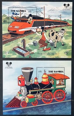 GAMBIA HISTORIC LOCOMOTIVES DISNEY STAMPS SS SET 1987 MNH MICKEYS 60TH TRAIN - Image 1 of 3
