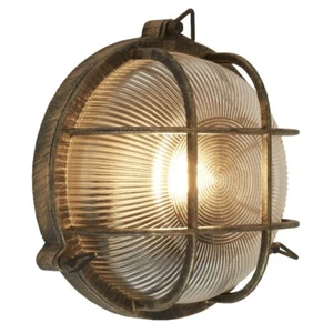 Antique Brass & Ribbed Glass Outdoor Vintage Round Flush Bulkhead Wall Light - Picture 1 of 5