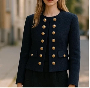 NWT WELD.NY Navy Gold Button Details Military Blazer Tweed Medium - Picture 1 of 7