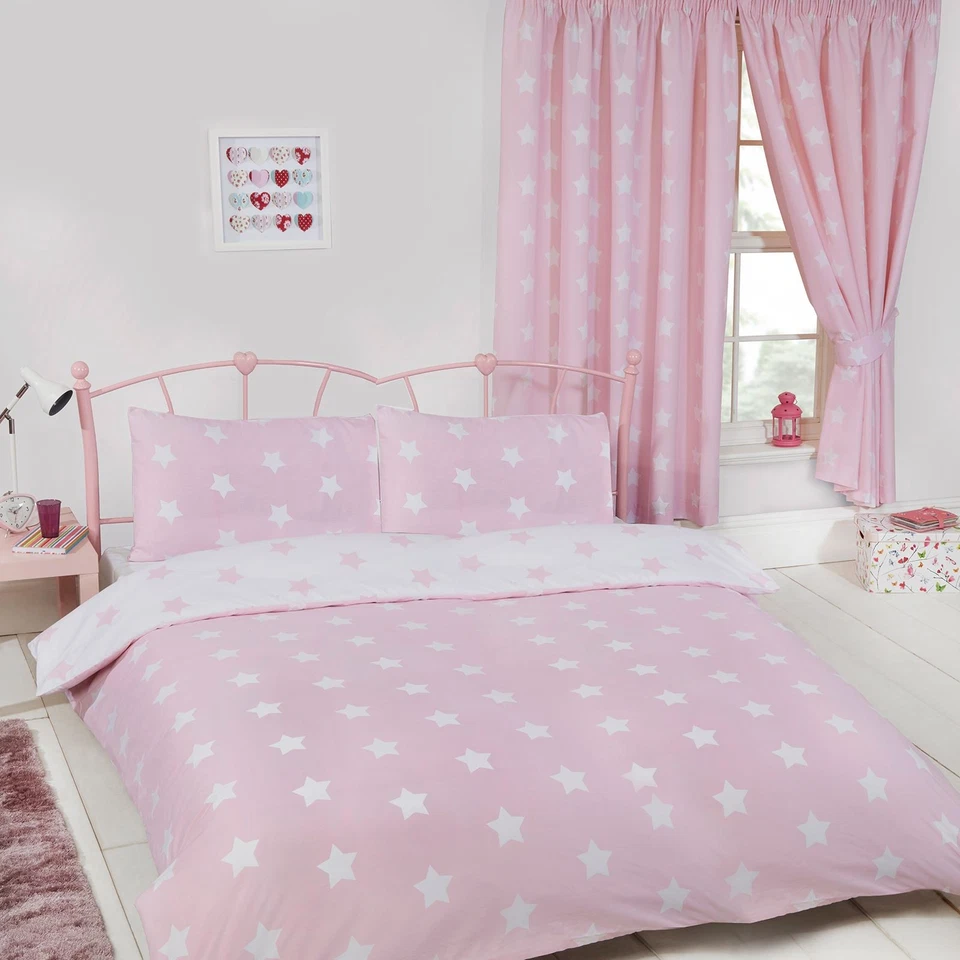 PINK WHITE STARS DOUBLE DUVET COVER & PILLOWCASE SET GIRLS