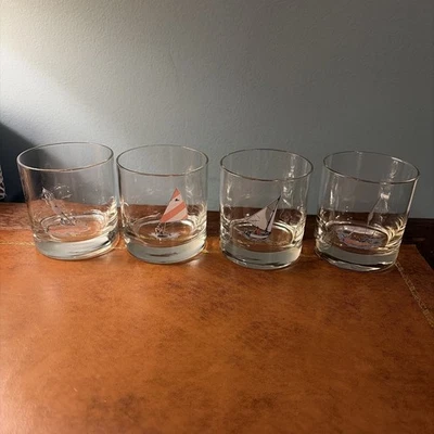 Set of 4 Vintage Nautical Sailboat Rocks Cocktail Glass Old Fashioned Whiskey - Image 1 of 4