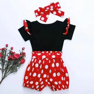 Bebé Niñas Mangas Volantes Mameluco Top + Lunares Pantalones Cortos Conjunto con Diadema - Imagen 1 de 8