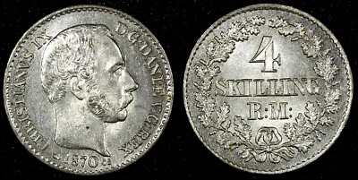 DENMARK Christian IX Silver 1870 CS 4 Skilling Rigsmont ch.UNC  KM# 775.2 (722) - Image 1 of 3