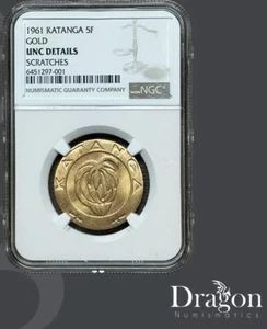 Katanga 1961 Gold 5 Francs 0.900 / 13.33 G / 0.3857 Oz Bananas NGC UNC Details🐉 - Picture 1 of 4
