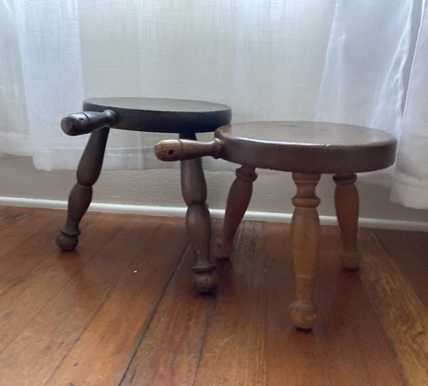 Antique Solid Wood three legged milk stool with handle (two / Pair Of Stools ) Cover