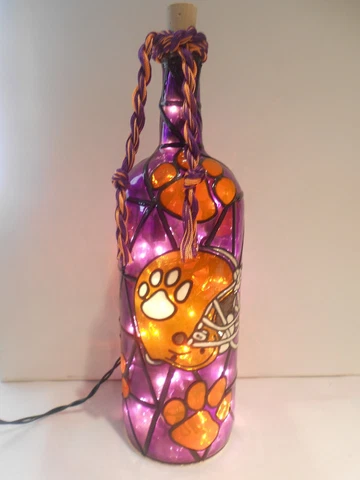 Clemson Tigers Inspired Handpainted Lighted Wine Bottle Stained Glass Look Cover