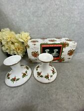 VINTAGE FLANBRO CHRISTMAS ROSE COLLECTION FINE CHINA TAPER CANDLE HOLDER PAIR