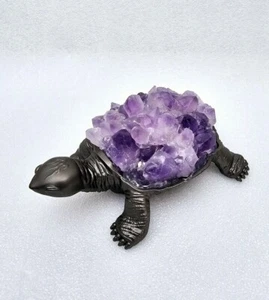 Schildkröte lila Amethyst Geode Kristall Totem Statue Bronze Geist Tier Edelstein - Bild 1 von 11