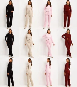 Ladies Ribbed Button Through Cardigan and Trouser 2 Piece Lounge Wear Tracksuit - Picture 1 of 21