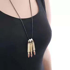 3 Three Bullet Pendant Cord Necklace Punk Goth Alternative Ammo Unisex Jewellery - Picture 1 of 14