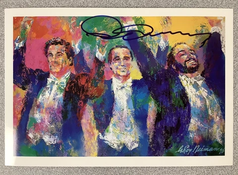 Placido Domingo Signed LeRoy Neiman Postcard 3 Tenors Autograph JSA Cover