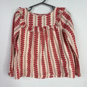 Mini Boden Shirt Girls 3-4Y Red Floral Ruffle Long Sleeve Boho Peasant Hippie - Picture 1 of 5