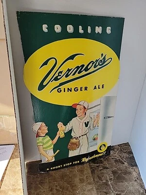 (De colección) Cartel Tienda Cartón Botellas Vernor's Ginger Ale Años 50 Jugadores de Béisbol Foto 1 de 4