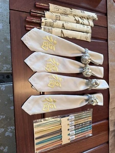 Oriental Design Silk 4 Placemats Gold with 4 sets of Chopsticks in Holder - Picture 1 of 2