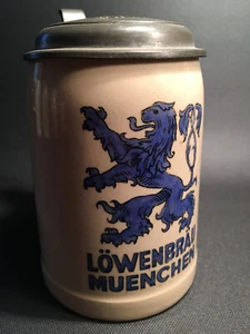 Stary kufel na piwo Löwenbräu München z cynową pokrywką / 0,5 litra - Zdjęcie 1 z 8