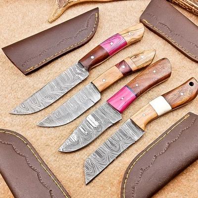 Juego de 4 cuchillos desolladores Damasco Blade mix | 8" | Madera dura, funda de cuero 94 Foto 1 de 4