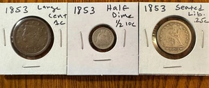 1853 U.S. Coin lot - Very nice Large cent, Half Dime, and Quarter dollar - Picture 1 of 7