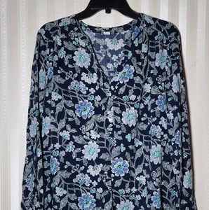 Old Navy Womens Sz L Blue Floral Tunic Top V-Neck Cotton Blend Long Sleeve Boho - Picture 1 of 5