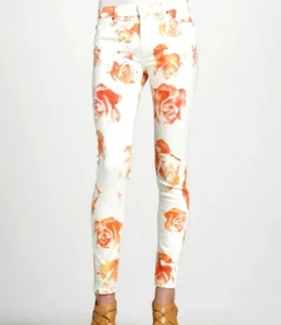 NEW WITHOUT TAGS Sz 26 Hudson Midrise Nico Super skinny Ivory Orange Rose Jeans - Picture 1 of 13