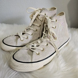 Converse High Top Leather Sneakers Iridescent Cream Women's Size 7.5 - Picture 1 of 8