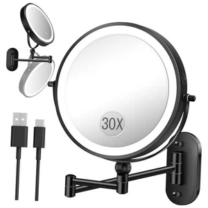 30X/1X Wall Mounted Lighted Makeup Mirror, 9'' Height Adjustable Double Black - Picture 1 of 7