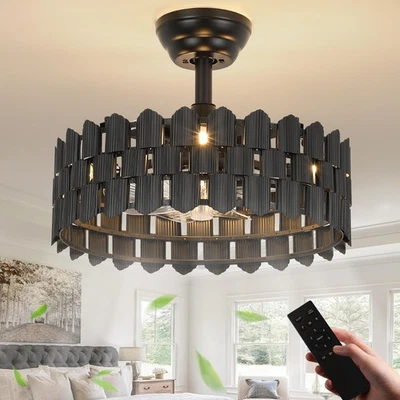 18 Inch Black Ceiling Fans with Lights and Remote Black Caged Ceiling Fan Lig... - Image 1 of 4
