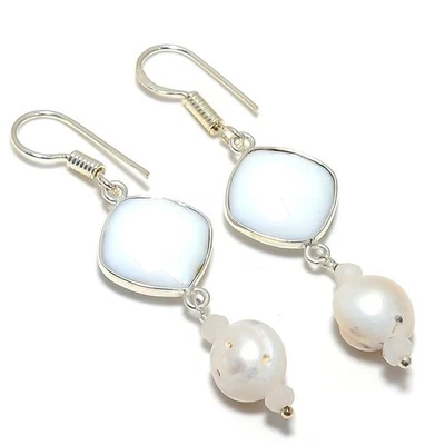 Brinco de prata esterlina 925 sólido coral branco, pedra preciosa pérola 2,25 "P03 - Imagem 1 de 2