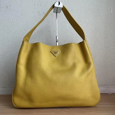PRADA Yellow Leather Triangle Logo Shoulder Bag Soft Hobo Style USED 817C - Image 1 of 4