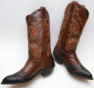 WOMENS VTG CODE WEST BRN BLK RED LEATHER WINGTIP COWBOY WESTERN BOOTS 6.5~1/2 M - Picture 1 of 9