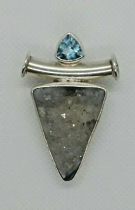 Charles Albert Fine Sterling Silver Agate Druzy & Blue Topaz Slide Pendant 925 - Picture 1 of 7