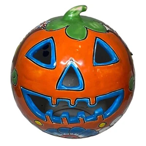 Talavera Cerámica Mexicana Azul/Naranja JackO’Lantern Halloween Calabaza Pintada a Mano - Imagen 1 de 11