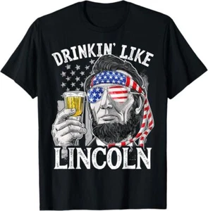 Drinking Like Lincoln 4th of July Men Abraham Merica Flag T-Shirt - Picture 1 of 8