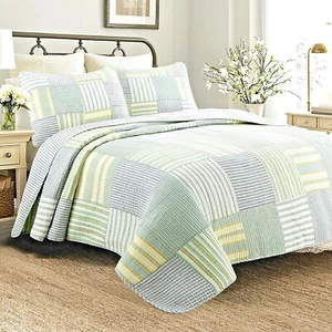 Quilt Set King Patchwork Blue White Cotton Stripe Pillow Shams Bedding Cover - Picture 1 of 6