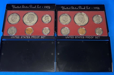 Lot of 2, 1975 & 1976 Proof Set US Mint 6 coin sets OGP, Lot A, case stand inc Cover