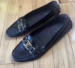 LOUIS VUITTON Women's Loafer Shoes Flat Oxford Patent Leather Sz 39.5 Burgundy - Picture 1 of 12